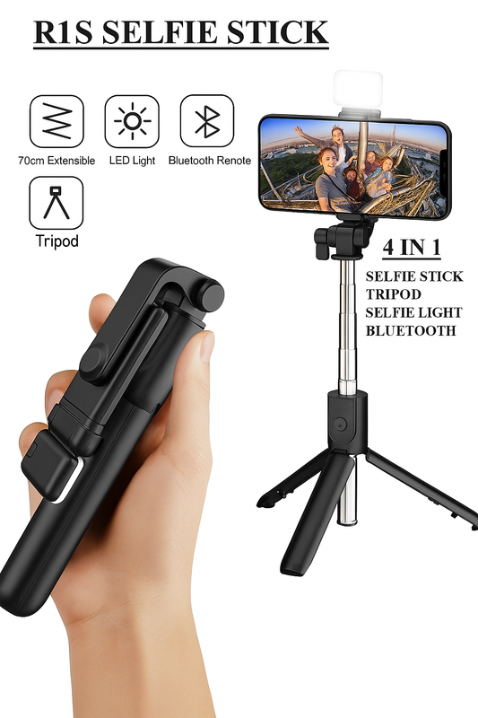 4-in-1 Wireless Selfie Stick Tripod with LED Light & Bluetooth Remote – 70CM Foldable Stand for All Phones, Ideal for Travel, Vlogging, TikTok & YouTube